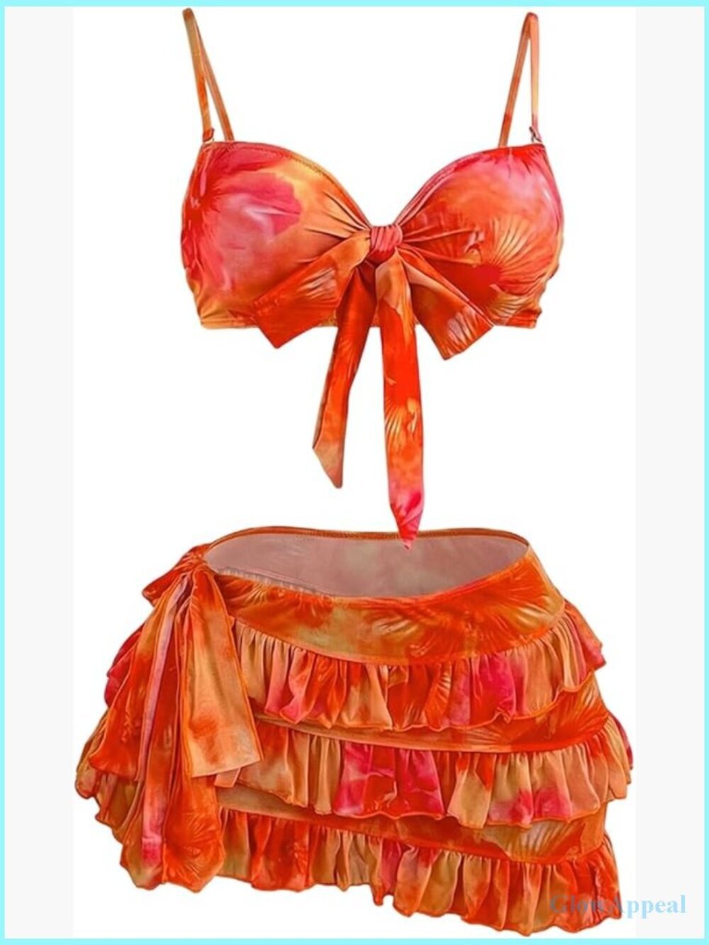 Floral 3 Piece Swimsuit Tie Front Bikini Set with Layered Ruffle Beach Skirt